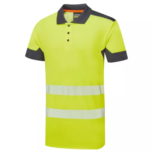 SYH-304C-System-Hi-Vis-Eco-CottonCool-Short-Sleeve-Yellow-Navy-Polo-Front Angle Left With Segmented Tape.png