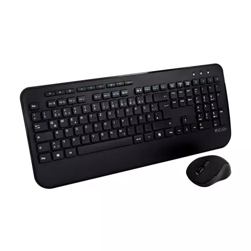 V7 CKW300DE Full Size/Palm Rest German QWERTZ - Black, Professional Wireless Keyboard and Mouse Combo – DE, Multimedia Keyboard, 6-button mouse