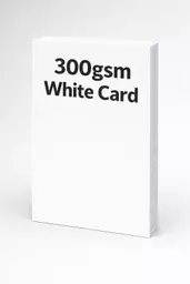 Upright stack of white card with text overlay reading “300gsm White Card”.
