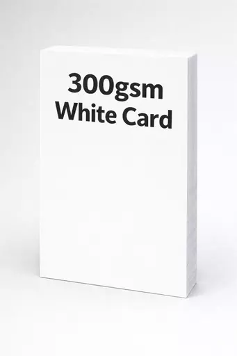 Upright stack of white card with text overlay reading “300gsm White Card”.
