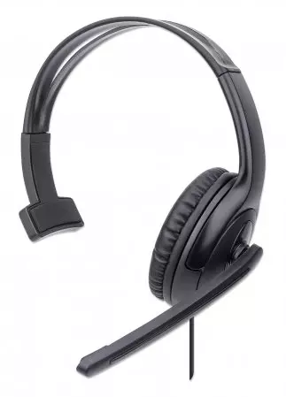 Manhattan Mono Over-Ear Headset (USB), Microphone Boom (padded), Retail Box Packaging, Adjustable Headband, In-Line Volume Control, Ear Cushion, USB-A for both sound and mic use, cable 1.5m, Three Year Warranty