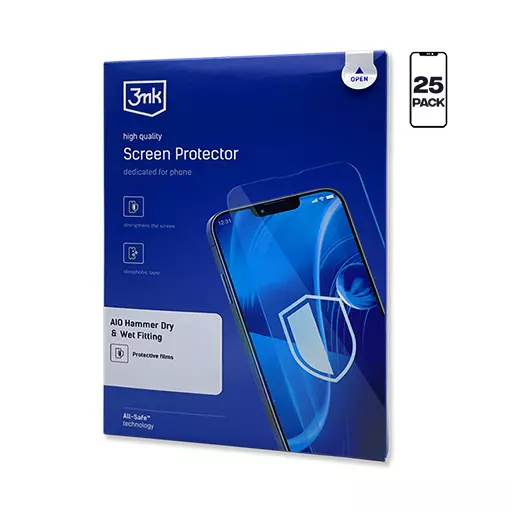 Hammer Screen Protector Film - Phone Size (25 Pack) (Dry & Wet Fit) - For 3mk AIO Protection System