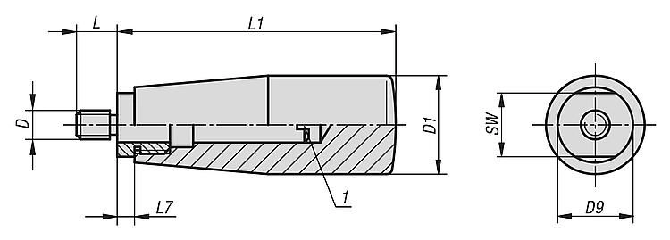 Taper Grip. M6 Thread. Moulded Thread. Plastic.