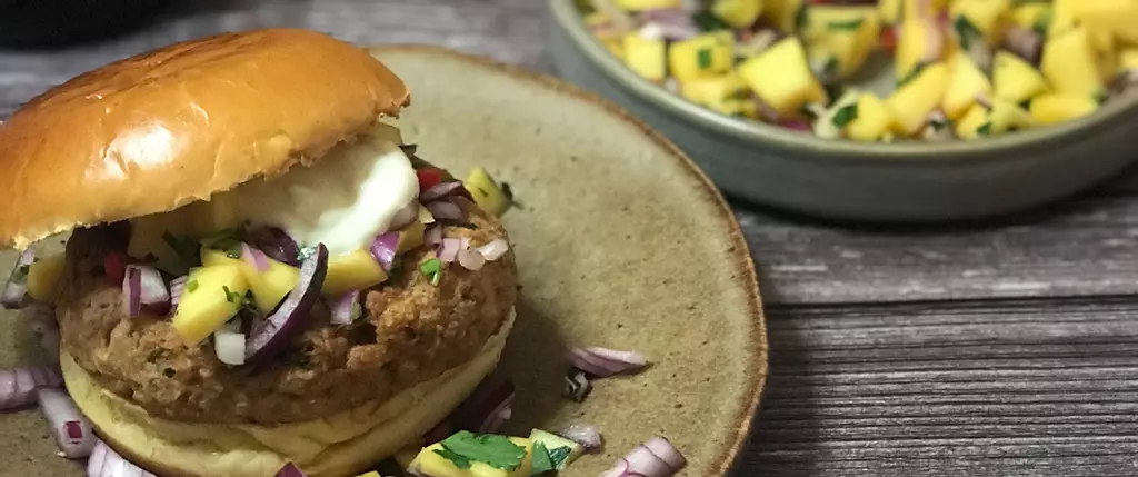 Salmon Burgers with Lime Aioli and Mango Salsa