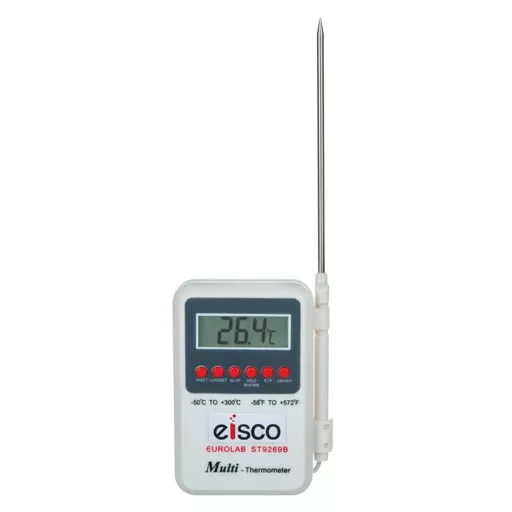 Thermometer, digital, range –50 ºC to 200 ºC (approximately), hand held.