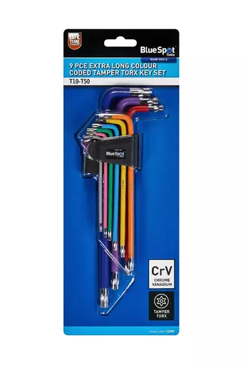 9 PCE Extra Long Colour Coded Tamper Torx Key Set (T10-T50)