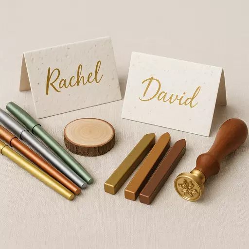 "Plantable place cards with pens, wax seals, and a wooden holder."