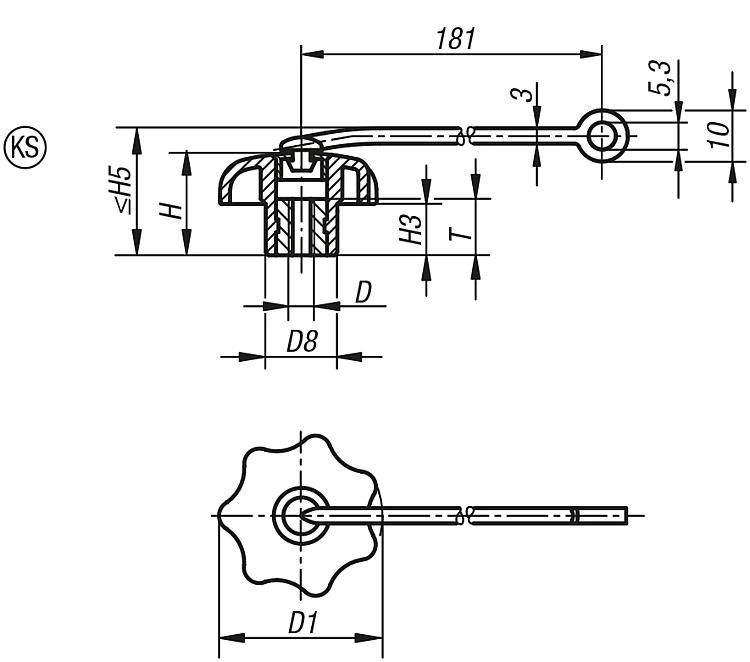 Star Grip With Safety Cable. M10 Steel Thread. 40mm Grip Diameter. Grey Cap.