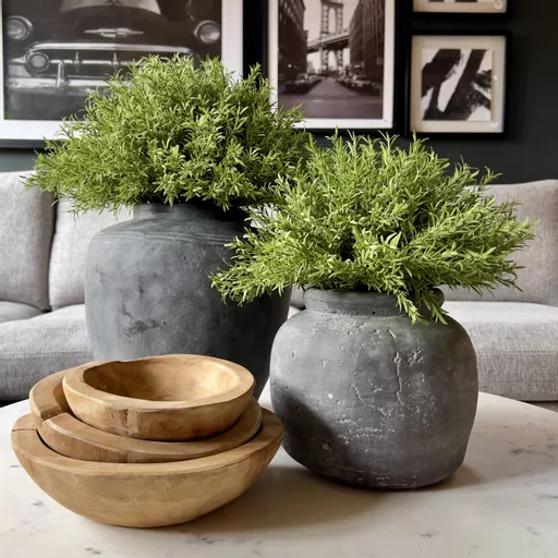 OUT OF STOCK - Green Fine Leaf Bush In Grey Large Rustic Pot