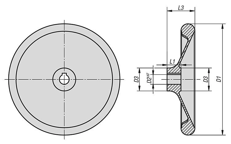 Disc Handwheel. 14mm H7 Reamed Hole. 160mm Overall Diameter. With Keyway. Aluminium.