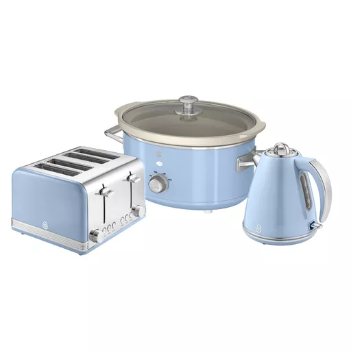 Retro 4 Slice Toaster, Cordless Kettle and Slow Cooker Bundle in Blue