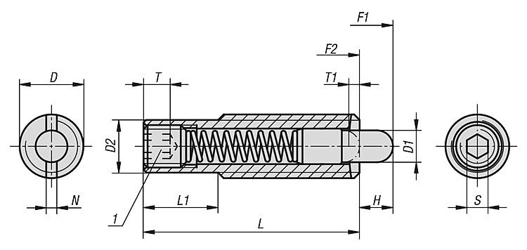 Spring Plunger. M8 Thread. 30mm Long. 3.5mm Pin Diameter. 8N Spring Force. Steel.