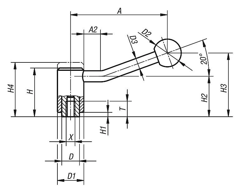 Tension Lever. M8 Thread. 88mm Long Handle. Stainless Steel Thread.