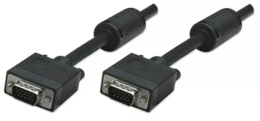 Manhattan VGA Monitor Cable (with Ferrite Cores), 10m, Black, Male to Male, HD15, Cable of higher SVGA Specification (fully compatible), Shielding with Ferrite Cores helps minimise EMI interference for improved video transmission, Lifetime Warranty, Polyb