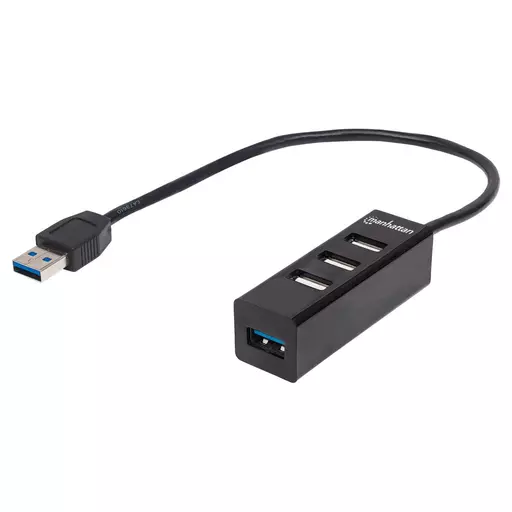 Manhattan USB-A 4-Port Hub, 4x USB-A Ports (1x 5 Gbps USB 3.2 Gen1 aka USB 3.0, 3 x 480 Mbps USB 2.0), Bus Powered, Black, Three Year Warranty, Blister