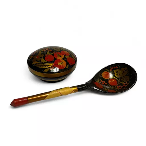 Vintage Russian Painted Spoon and Bowl with Lid