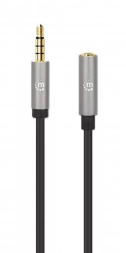 Manhattan Stereo Audio 3.5mm Extension Cable, 1m, Male/Female, Slim Design, Black/Silver, Premium with 24 karat gold plated contacts and pure oxygen-free copper (OFC) wire, Lifetime Warranty