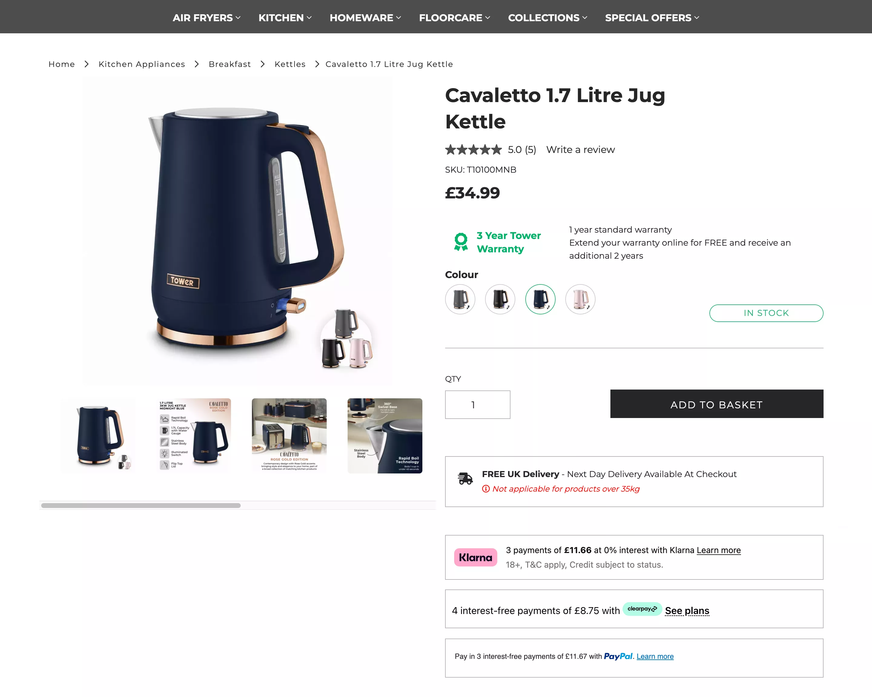 Screenshot of the Tower Houseware website product page