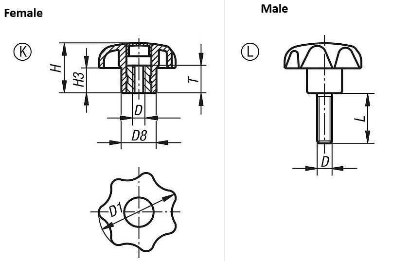 Anti-Static Star Grip. M8 Steel Thread. 40mm Grip Diameter.