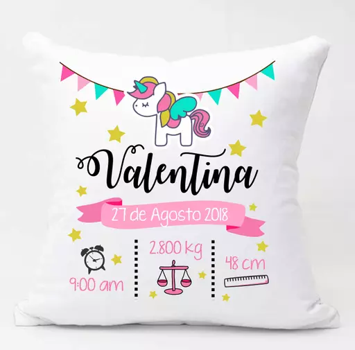 Personalised Baby Unicorn Newborn cushion cover. Customise with name, date, time, weight
