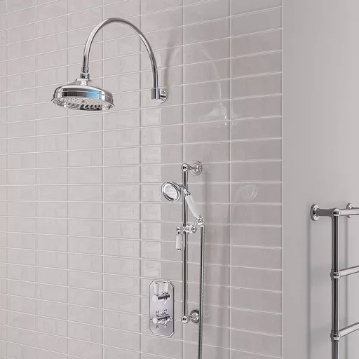 Shower Bundle: Traditional Concealed Valve, Round Head, Swivel Arm, Outlet Elbow & Handset - Chrome