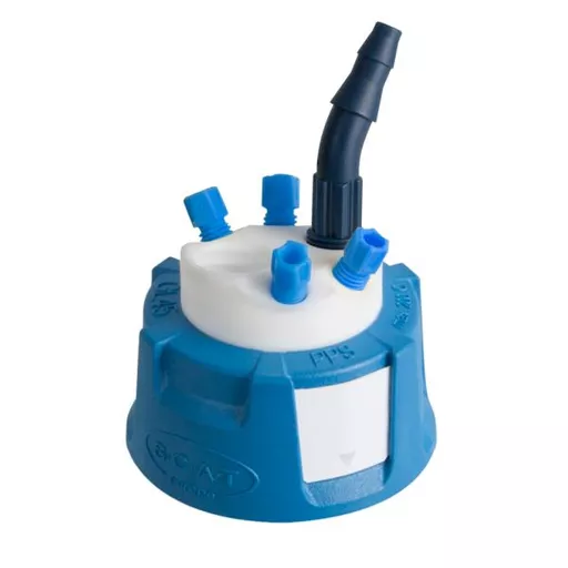 SafetyWasteCap, V2.0, GL45, 4x PFA-fitting 2,3 / 3,2 mm OD, 2x PFA-blind plug, 1x 6.4 to 9 mm ID + connector