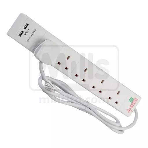 5 Way Surge Protected Extension Socket with 2 x 5V USB 2m