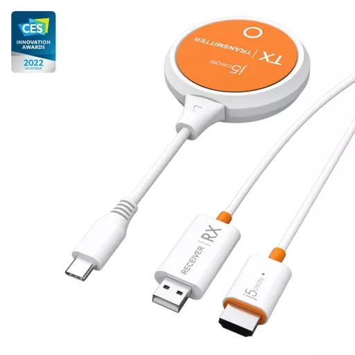 j5create JVAW62 ScreenCast USB-C® Wireless Display HDMI™ Extender, White and Orange
