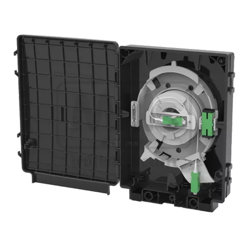Black Connectorised Customer Wall Box (CCWB) with Pre-terminated SC/APC Spool