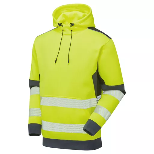 SYS702-YN-System-Hi-Vis-Eco-Yellow-Navy-Hoodie-Front Angle Left With Segmented Tape.png