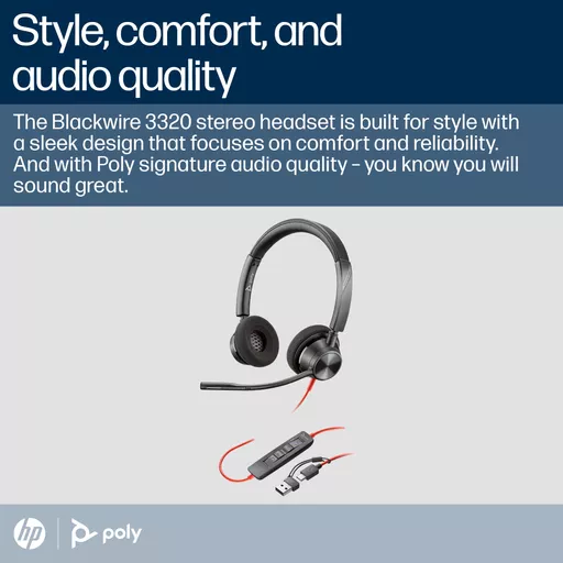 Poly Blackwire 3320 Stereo Microsoft Teams Certified USB-C Headset +USB-C/A Adapter