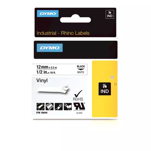 Dymo 18444/S0718600 Ribbon Vinyl black on white 12mm x 5.5m for Dymo Rhino 6-12mm/19mm/24mm