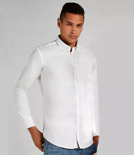 Kustom Kit Slim Fit Stretch Long Sleeve Oxford Shirt