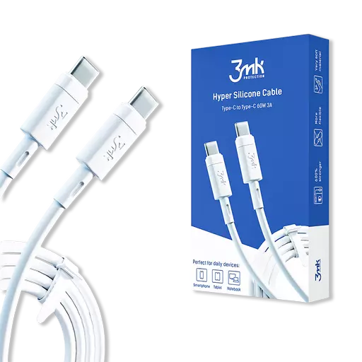 3mk - Hyper Silicone Cable - 1M USB-C to USB-C Charging Cable (60W) (White)