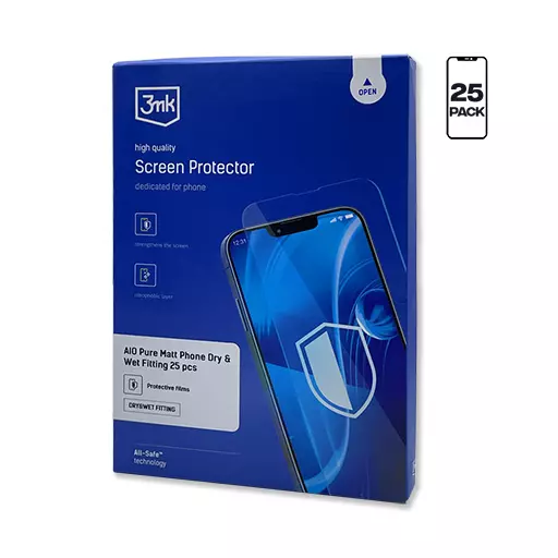 Pure Matte Screen Protector Film - Phone Size (25 Pack) (Dry & Wet Fit) - For 3mk AIO Protection System