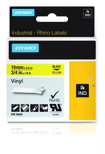 Dymo 18433/S0718470 Ribbon Vinyl black on yellow 19mm x 5,5m for Dymo Rhino 6-19mm/24mm