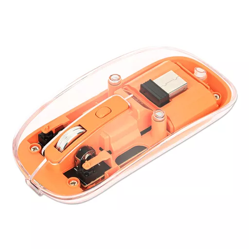 Manhattan Transparent Rechageable Wireless Mouse, Clear/Orange, Adjustable 800/1200/1600dpi, With RGB LED light, 2.4Ghz (effective range up to 10m), USB, Optical, Ambidextrous, Four Button with Scroll Wheel, Slim Design, USB-A micro receiver, Lithium Ion