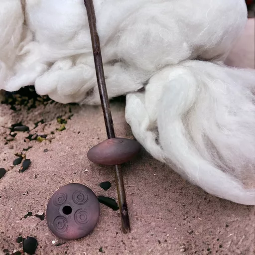 Clay Spinning Whorl, Spindle and Wool