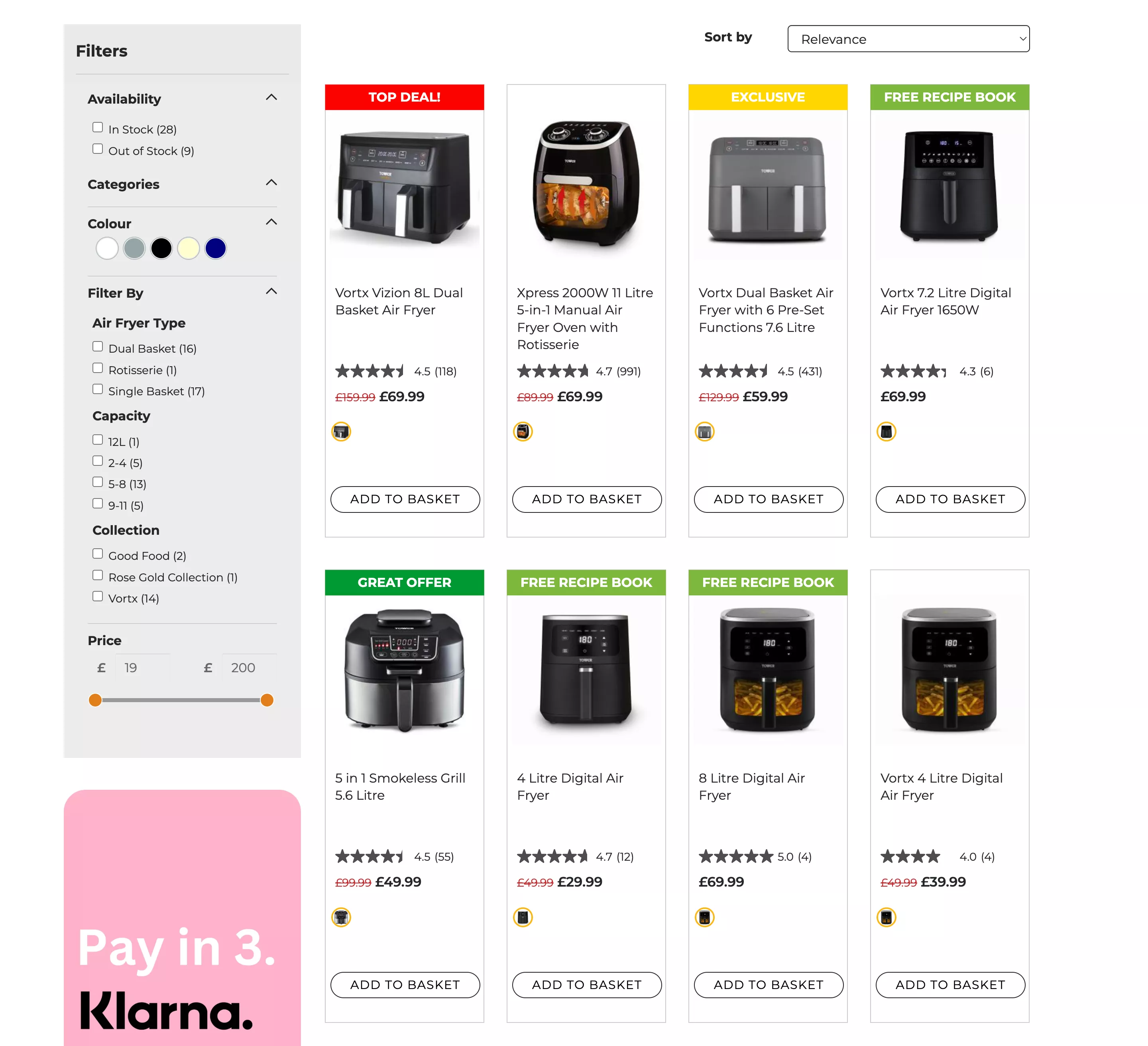 Screenshot of the Tower Houseware website category page