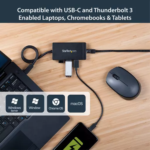 StarTech.com 3-Port USB 3.0 Hub plus Gigabit Ethernet - USB-C - Includes Power Adapter~3-Port USB-C Hub with Gigabit Ethernet - USB-C to 3x USB-A - USB 3.0 (5Gbps) - Includes Power Adapter