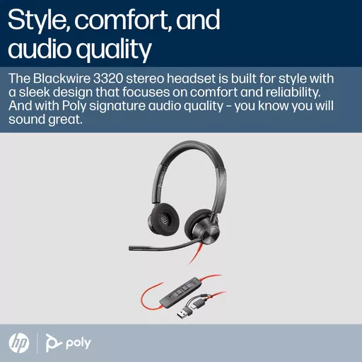POLY Blackwire 3320 Stereo Microsoft Teams Certified USB-C Headset +USB-C/A Adapter