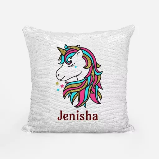 Personalised Unicorn inspired Name Cushion sequin Magic 