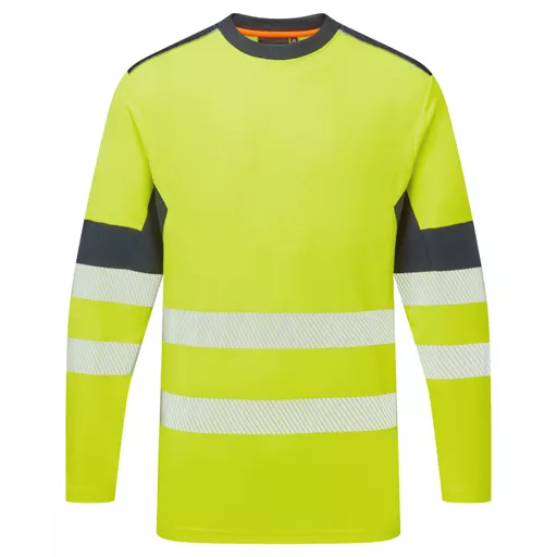 SYS602-YN-System-Hi-Vis-Eco-Long-Sleeve-Yellow-Navy-Cotton-Cool-T-Shirt-Front straight on With Segmented Tape.png