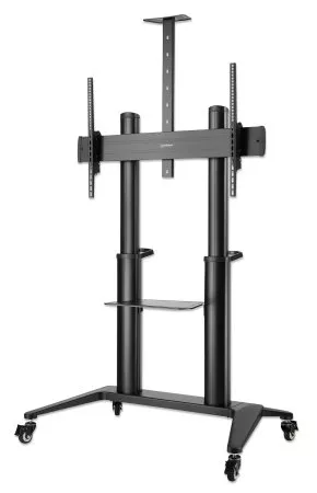 Manhattan TV & Monitor Mount, Trolley Stand, 1 screen, Screen Sizes: 70-120", Black, VESA 200x200 to 1000x600mm, Max 140kg, Height adjustable 1250 to 1600mm, Camera and AV shelves, Aluminium, LFD, Lifetime Warranty