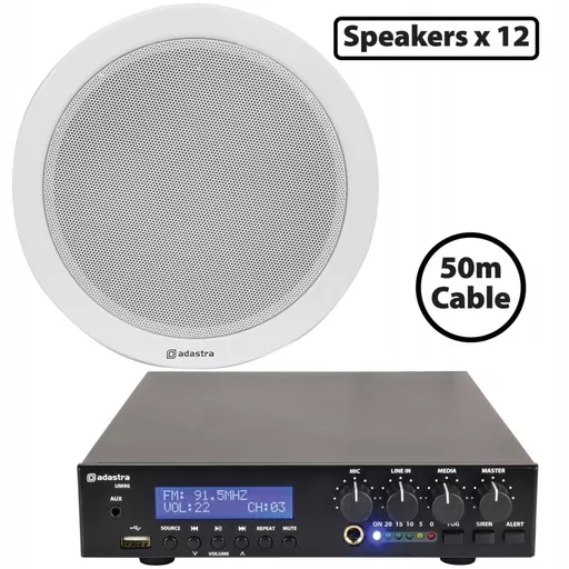 Adastra UM30 + Compact 100V Ceiling Speaker x12 Background Music Bundle