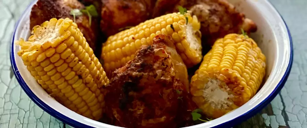 Peri Peri Chicken Thighs with Harissa Wedges and Roast Sweetcorn