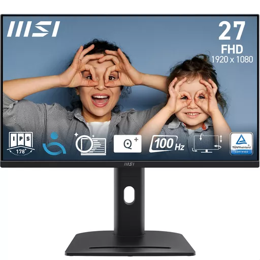 MSI PRO MP275PG 27 Inch Monitor, FHD (1920 x 1080), 100Hz, IPS, 1ms, 1x HDMI 1.4b, 1x DP 1.2a output, 1x D-Sub(VGA), Built-in Speakers, Anti-Glare, Anti-Flicker, Less Blue light, TÜV Certified, VESA, Kensington, 4-way adjustable stand, Black