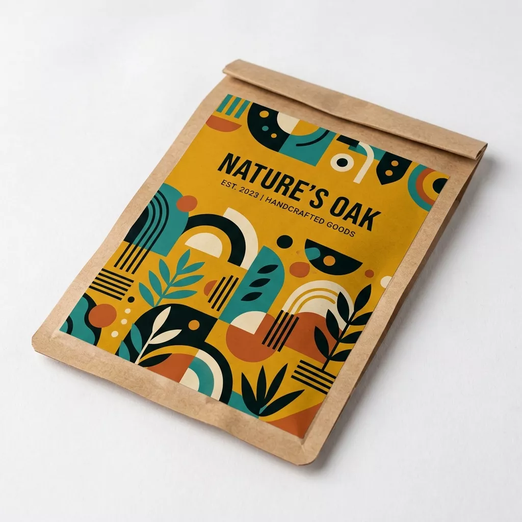 Extreme close-up of custom printed paper bag surface showing full colour print and kraft texture detail