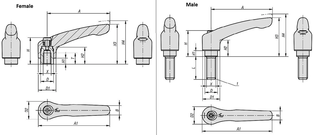 Clamp Lever. 65mm Handle Length. M8x25mm Thread.