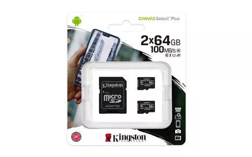 Kingston Technology 64GB micSDXC Canvas Select Plus 100R A1 C10 Two Pack + Single ADP